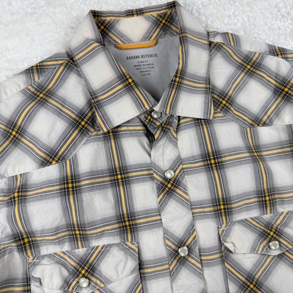 Banana Republic Mens Slim Fit Western Plaid Shirt Pearl Snap Grey Yellow Size M‎